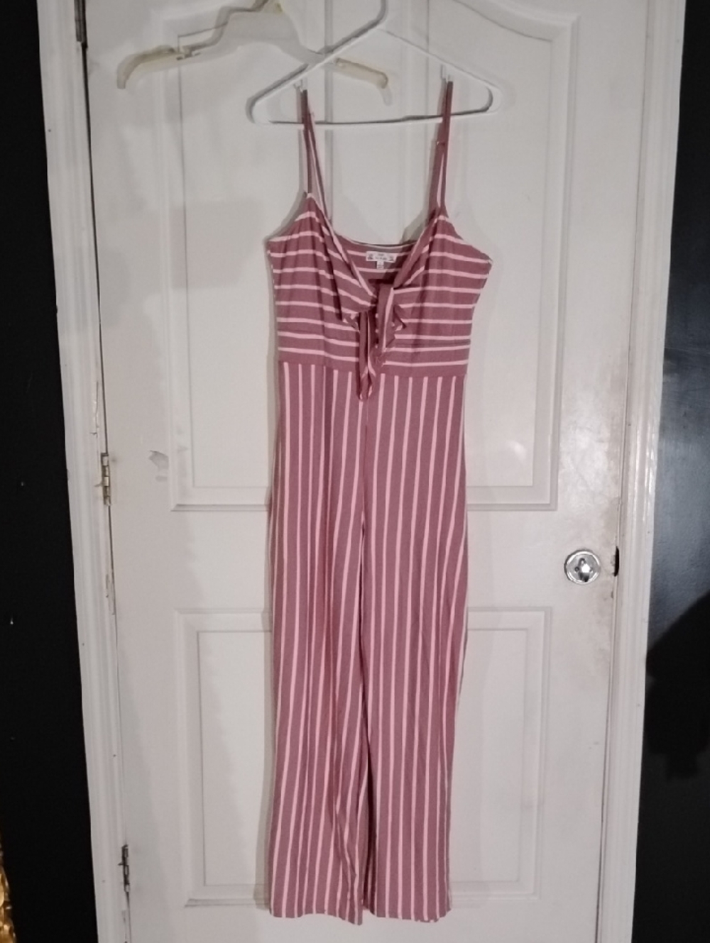 Poof Jumpsuit juniors L  Pink & White striped w Stretch & spaghetti straps